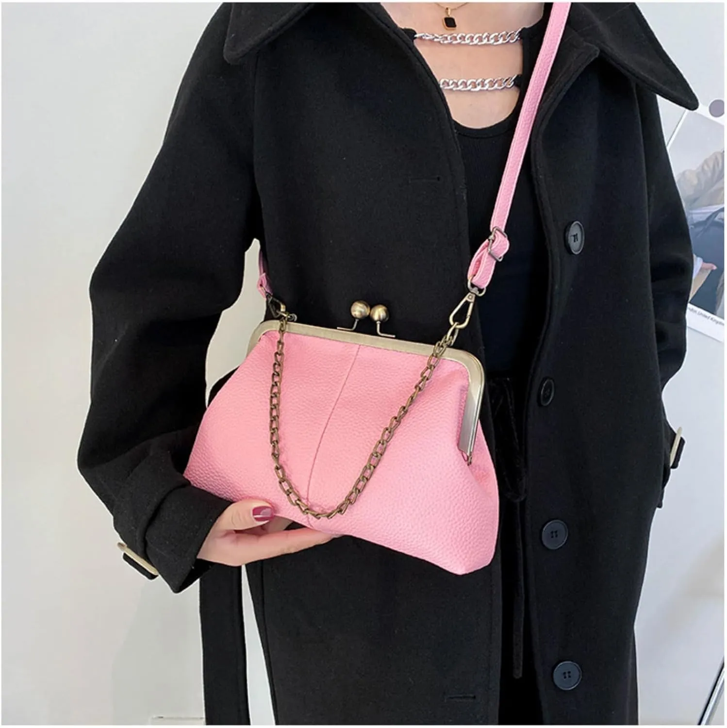 Vintage Kiss Lock Tote Women 2025 Clasp Clutch PU Leather Purse Crossbody Shoulder Bag Everyday Chic Messenger Handbag