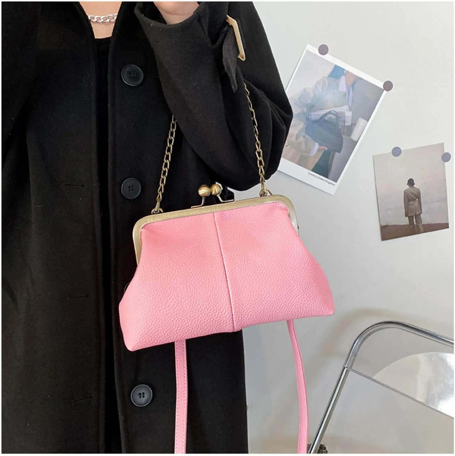 Vintage Kiss Lock Tote Women 2025 Clasp Clutch PU Leather Purse Crossbody Shoulder Bag Everyday Chic Messenger Handbag