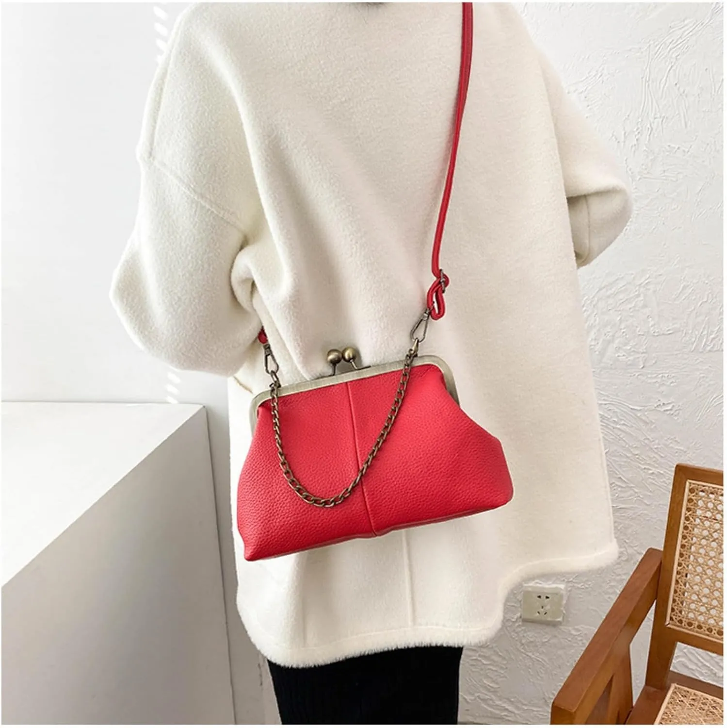 Vintage Kiss Lock Tote Women 2025 Clasp Clutch PU Leather Purse Crossbody Shoulder Bag Everyday Chic Messenger Handbag