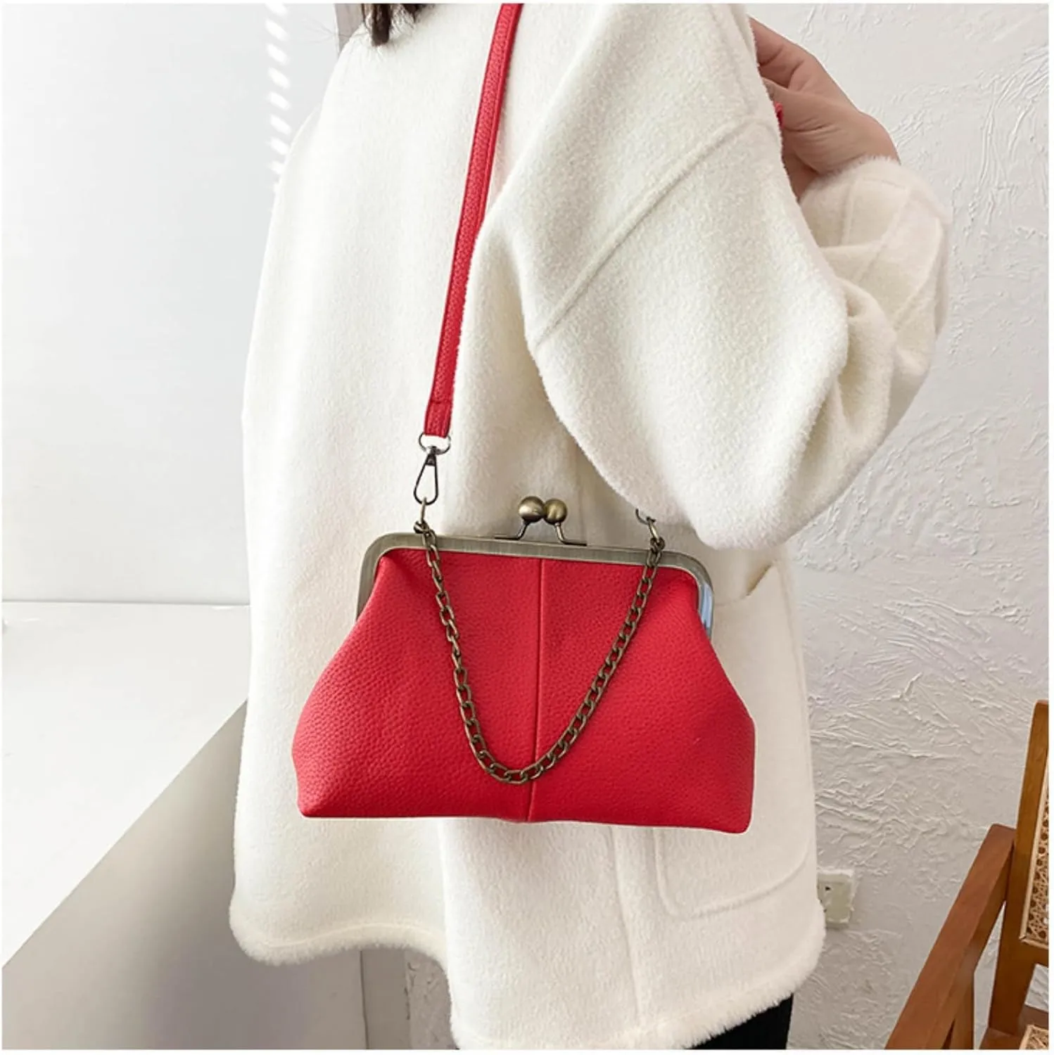Vintage Kiss Lock Tote Women 2025 Clasp Clutch PU Leather Purse Crossbody Shoulder Bag Everyday Chic Messenger Handbag