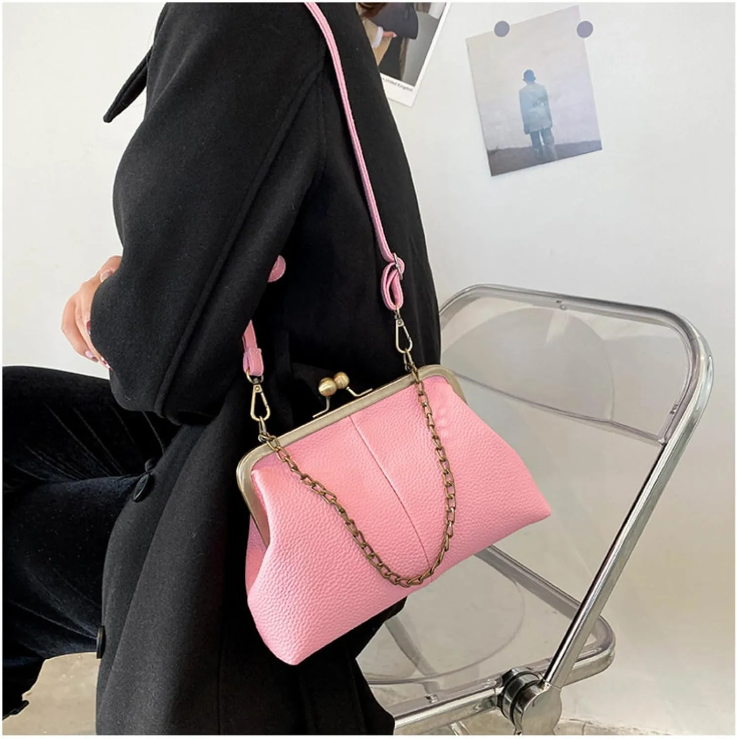 Vintage Kiss Lock Tote Women 2025 Clasp Clutch PU Leather Purse Crossbody Shoulder Bag Everyday Chic Messenger Handbag