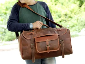 Vintage Leather Duffle Bag, 24 Inches, Adjustable Length, Removable Shoulder Strap, Spacious Compartment, Buckle Closure, Goat Leather, Brown