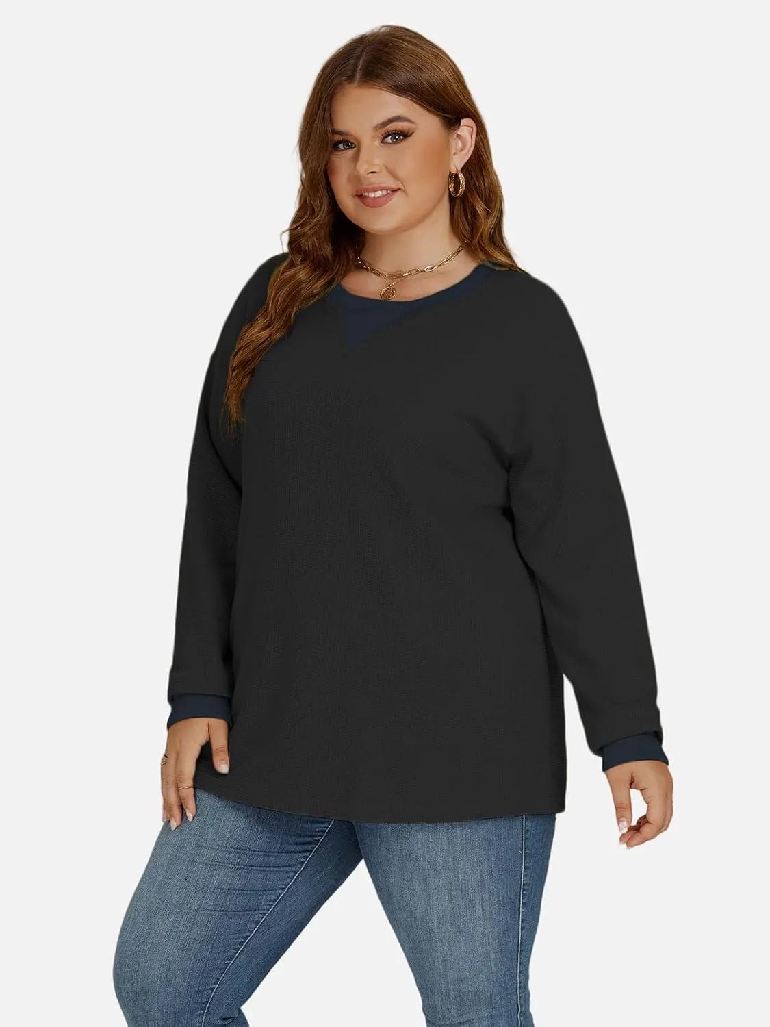 VISLILY Womens-Plus-Size-Sweatshirts Trendy Color Block Casual Long Sleeve Tops Waffle Knit Oversized Shirts Loose Fit Tunics