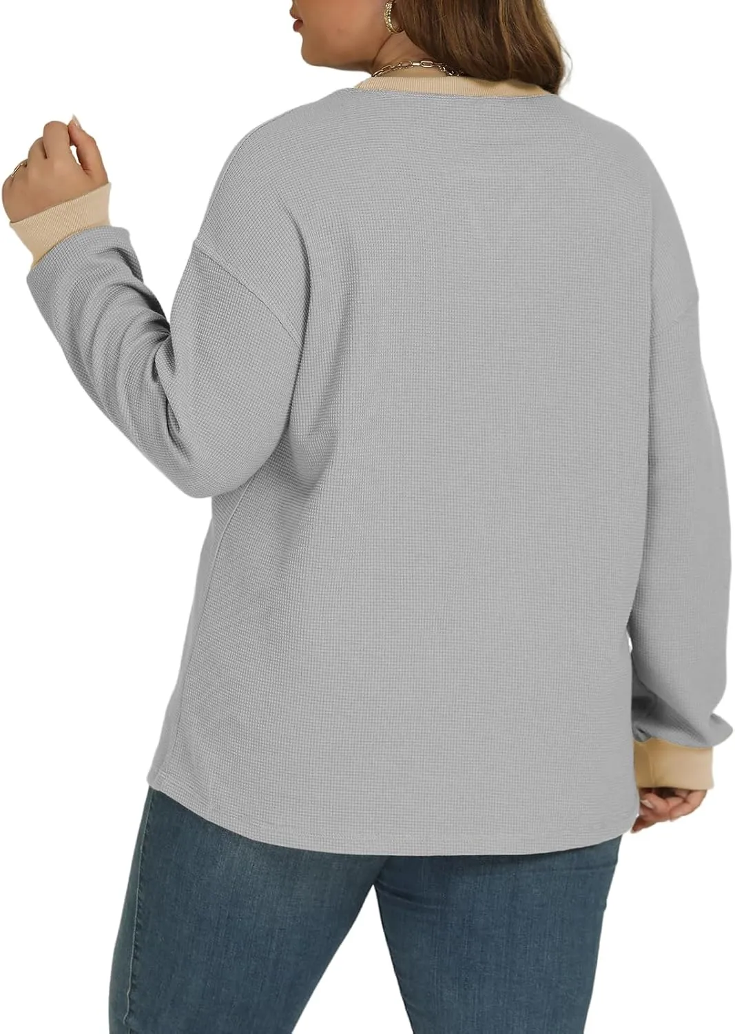 VISLILY Womens-Plus-Size-Sweatshirts Trendy Color Block Casual Long Sleeve Tops Waffle Knit Oversized Shirts Loose Fit Tunics