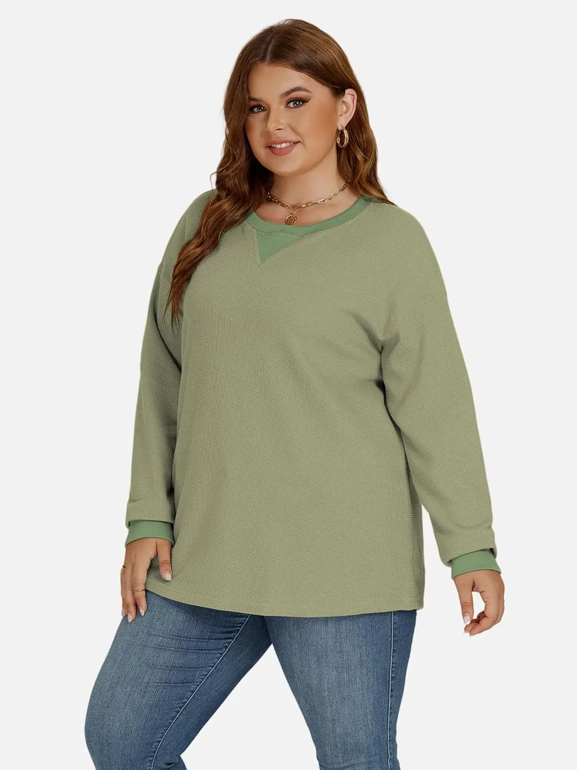 VISLILY Womens-Plus-Size-Sweatshirts Trendy Color Block Casual Long Sleeve Tops Waffle Knit Oversized Shirts Loose Fit Tunics