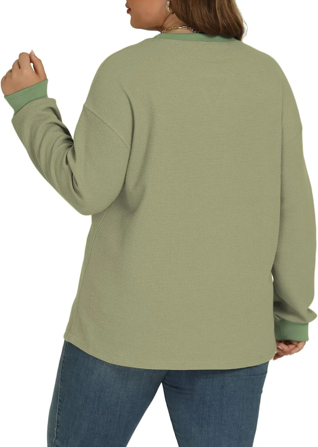 VISLILY Womens-Plus-Size-Sweatshirts Trendy Color Block Casual Long Sleeve Tops Waffle Knit Oversized Shirts Loose Fit Tunics