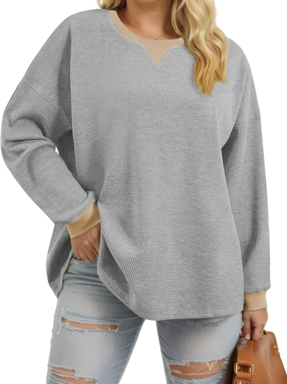 VISLILY Womens-Plus-Size-Sweatshirts Trendy Color Block Casual Long Sleeve Tops Waffle Knit Oversized Shirts Loose Fit Tunics