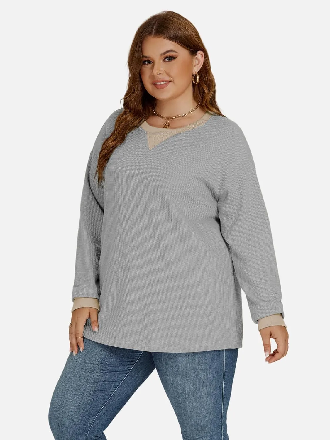 VISLILY Womens-Plus-Size-Sweatshirts Trendy Color Block Casual Long Sleeve Tops Waffle Knit Oversized Shirts Loose Fit Tunics