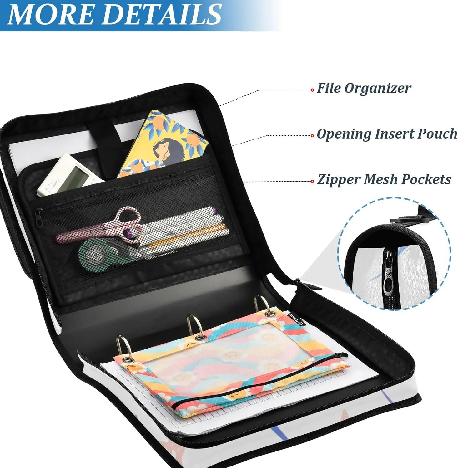 VKPSCHJ Zippered Binder Bag with Multi-Pocket,Waterproof 1.5 Inch 3 Ring Binder,Cute Blue Stingray Expanding File Folder with Shoulder Strap and Handle File Organizer for Office Travel