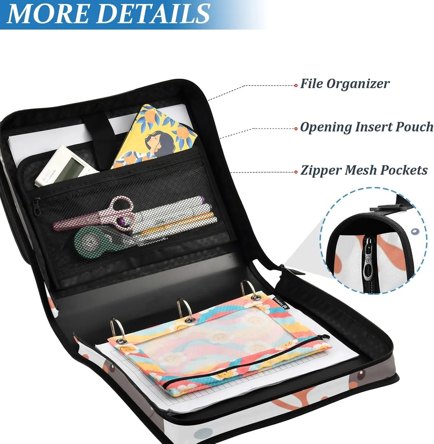 VKPSCHJ Zippered Binder Bag with Multi-Pocket,Waterproof 1.5 Inch 3 Ring Binder,Cute Stingrays Expanding File Folder with Shoulder Strap and Handle File Organizer for Office Travel