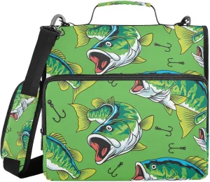 VKPSCHJ Zippered Binder Bag with Multi-Pocket,Waterproof 1.5 Inch 3 Ring Binder,Large Mouth Green Bass Tuna Fish Expanding File Folder with Shoulder Strap and Handle File Organizer for Office Travel