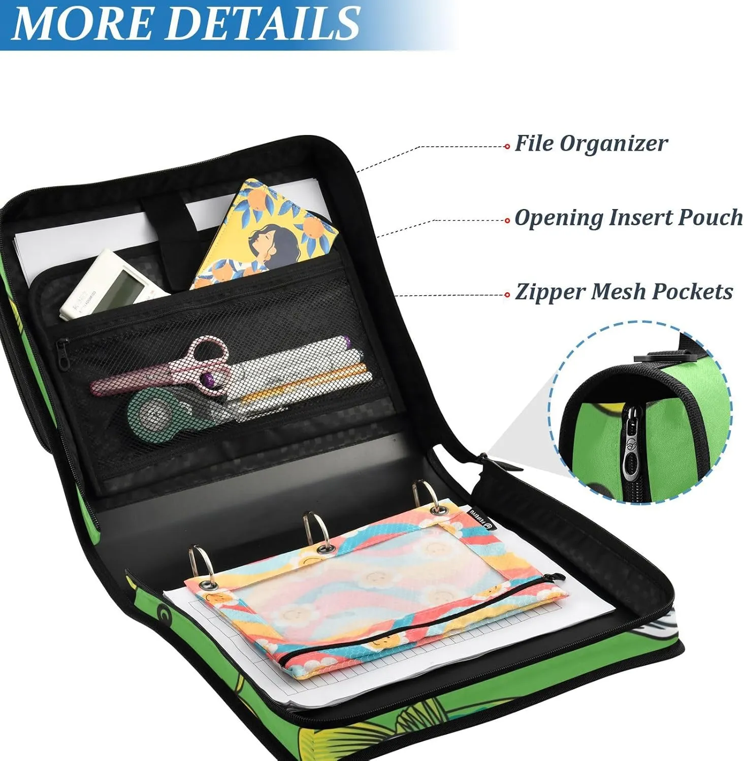 VKPSCHJ Zippered Binder Bag with Multi-Pocket,Waterproof 1.5 Inch 3 Ring Binder,Large Mouth Green Bass Tuna Fish Expanding File Folder with Shoulder Strap and Handle File Organizer for Office Travel