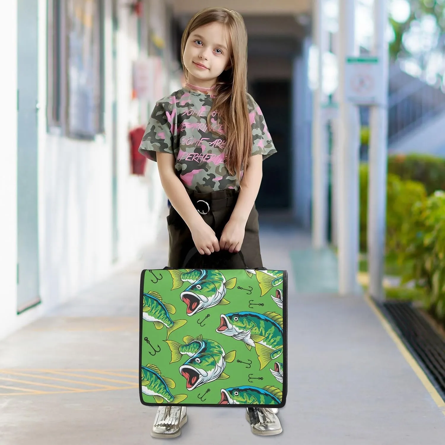 VKPSCHJ Zippered Binder Bag with Multi-Pocket,Waterproof 1.5 Inch 3 Ring Binder,Large Mouth Green Bass Tuna Fish Expanding File Folder with Shoulder Strap and Handle File Organizer for Office Travel