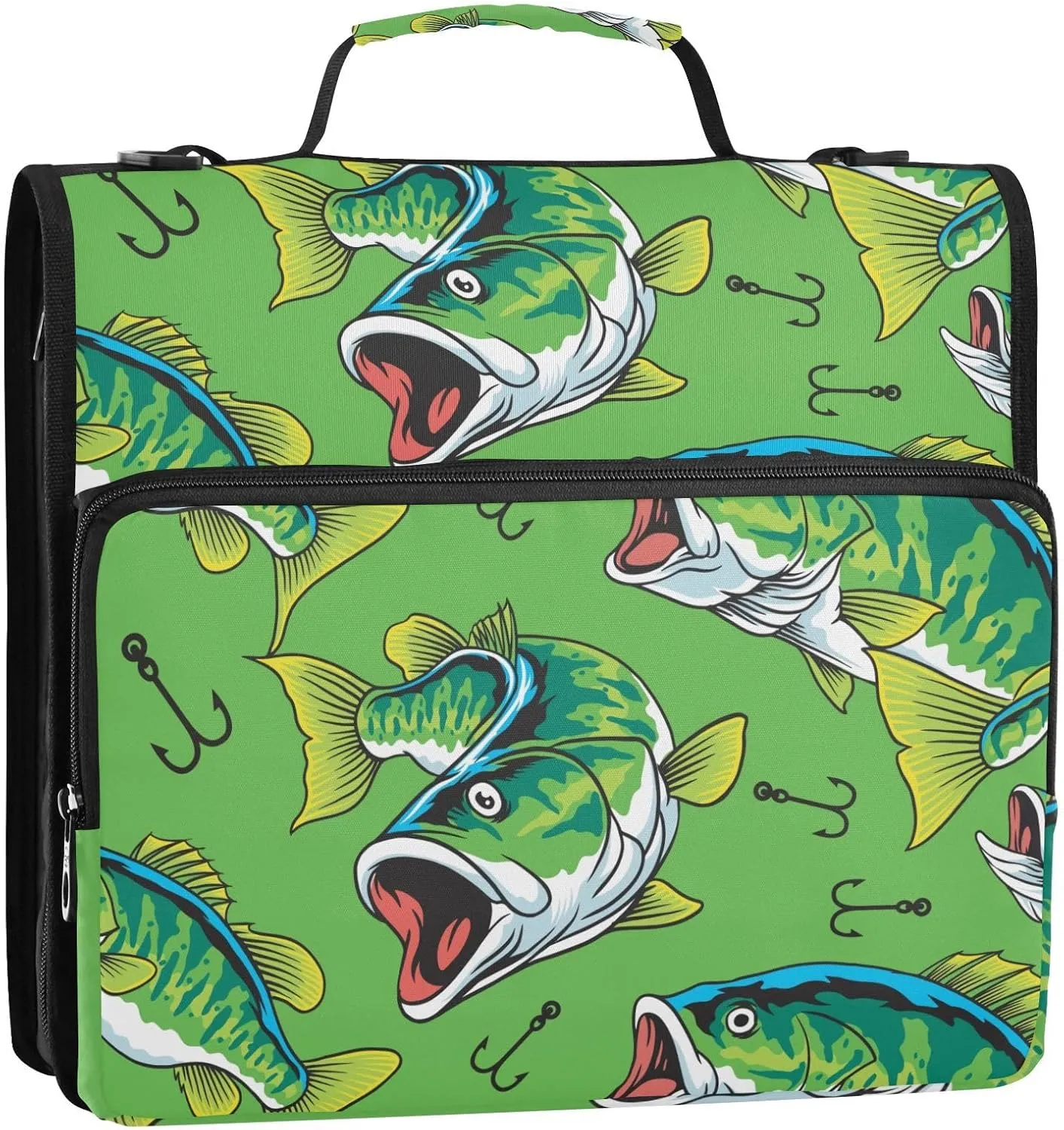 VKPSCHJ Zippered Binder Bag with Multi-Pocket,Waterproof 1.5 Inch 3 Ring Binder,Large Mouth Green Bass Tuna Fish Expanding File Folder with Shoulder Strap and Handle File Organizer for Office Travel