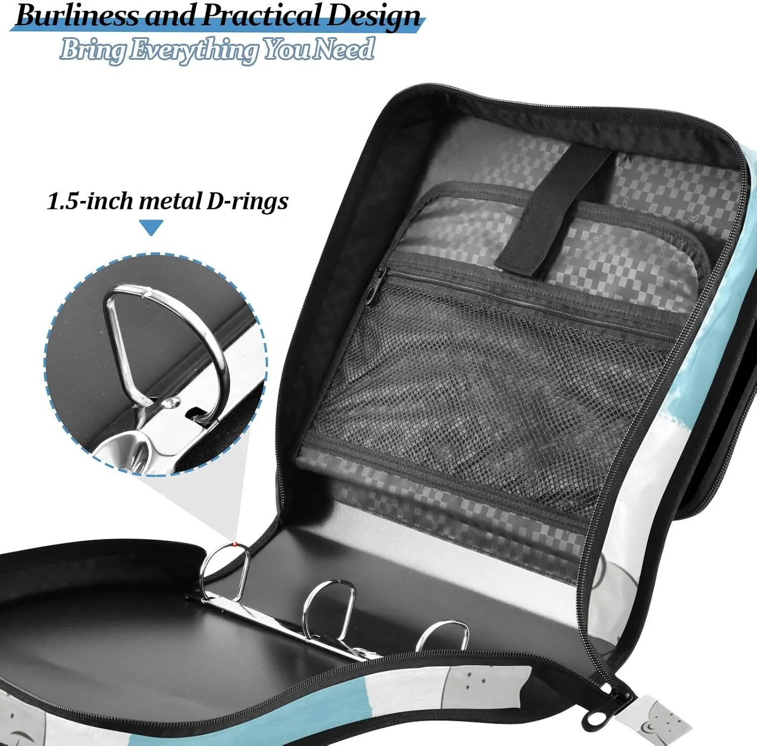 VKPSCHJ Zippered Binder Bag with Multi-Pocket,Waterproof 1.5 Inch 3 Ring Binder,Pattern with Hippo Sailor Expanding File Folder with Shoulder Strap and Handle File Organizer for Office Travel