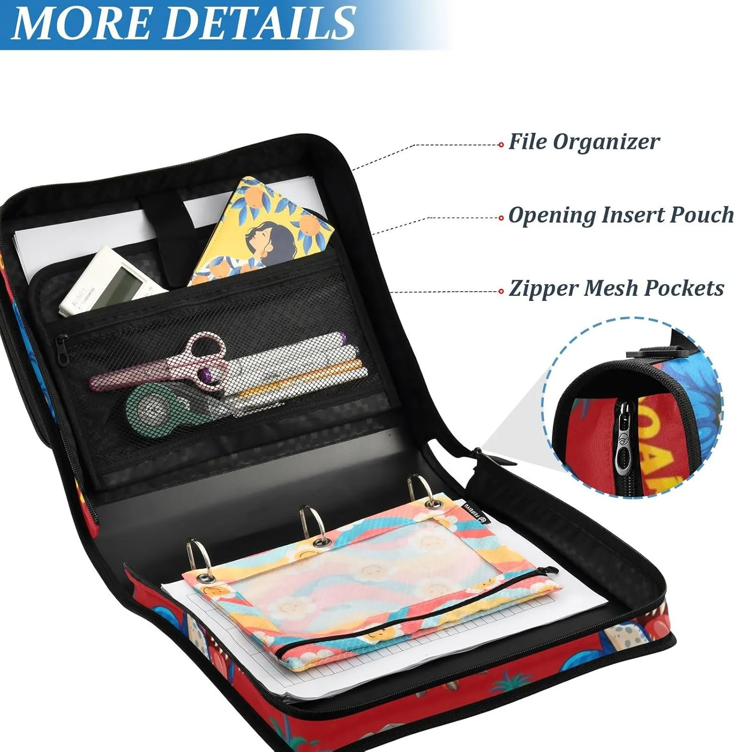 VKPSCHJ Zippered Binder Bag with Multi-Pocket,Waterproof 1.5 Inch 3 Ring Binder,Roar Dinosaur Expanding File Folder with Shoulder Strap and Handle File Organizer for Office Travel