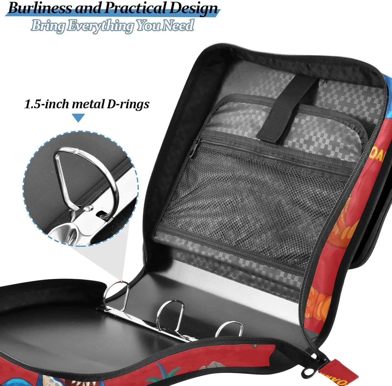 VKPSCHJ Zippered Binder Bag with Multi-Pocket,Waterproof 1.5 Inch 3 Ring Binder,Roar Dinosaur Expanding File Folder with Shoulder Strap and Handle File Organizer for Office Travel