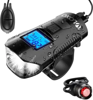VLOXO Bike Speedometer with Bike Light Set, IPX7 Waterproof Bicycle Computer with Horn LED Front & Tail Light, USB Rechargeable