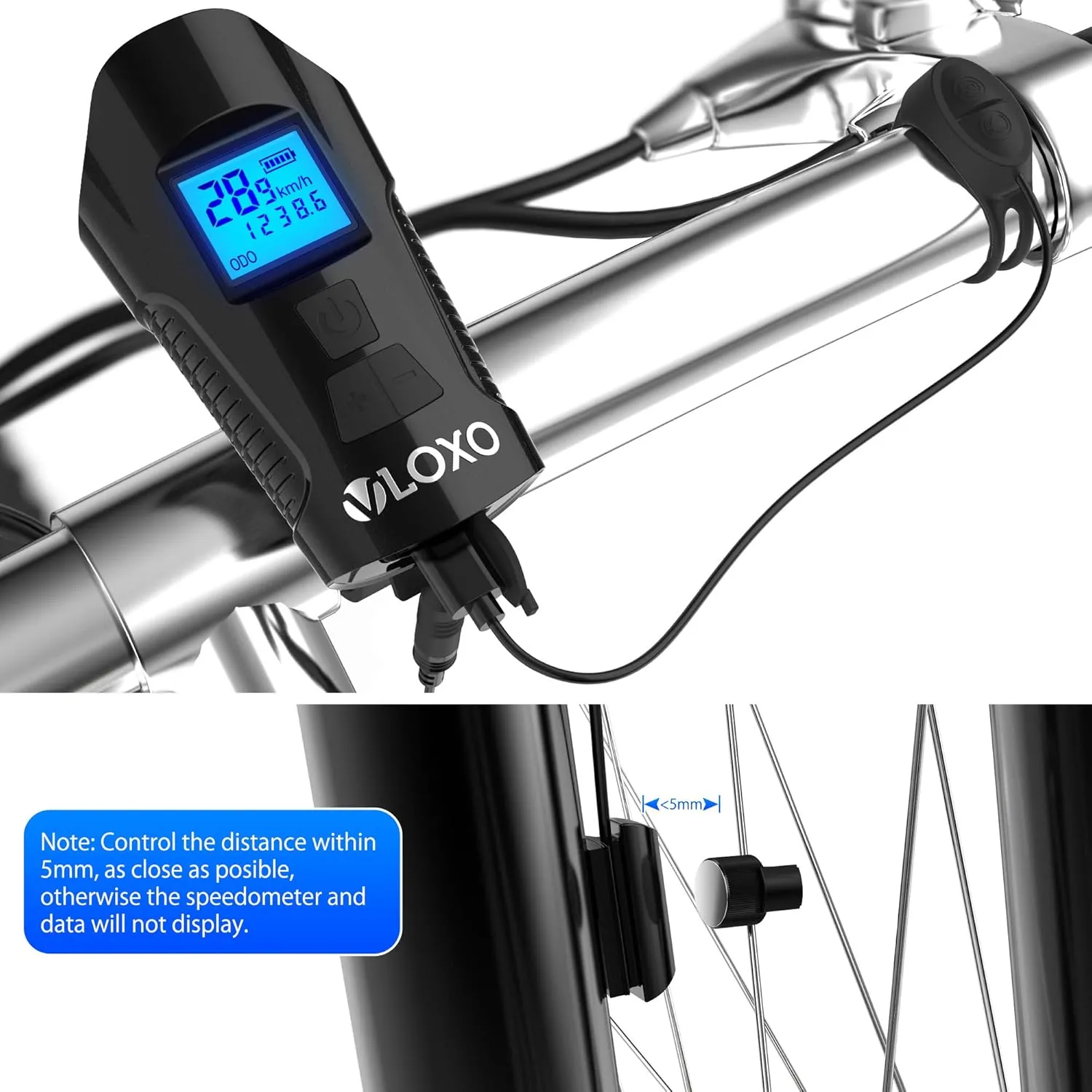 VLOXO Bike Speedometer with Bike Light Set, IPX7 Waterproof Bicycle Computer with Horn LED Front & Tail Light, USB Rechargeable