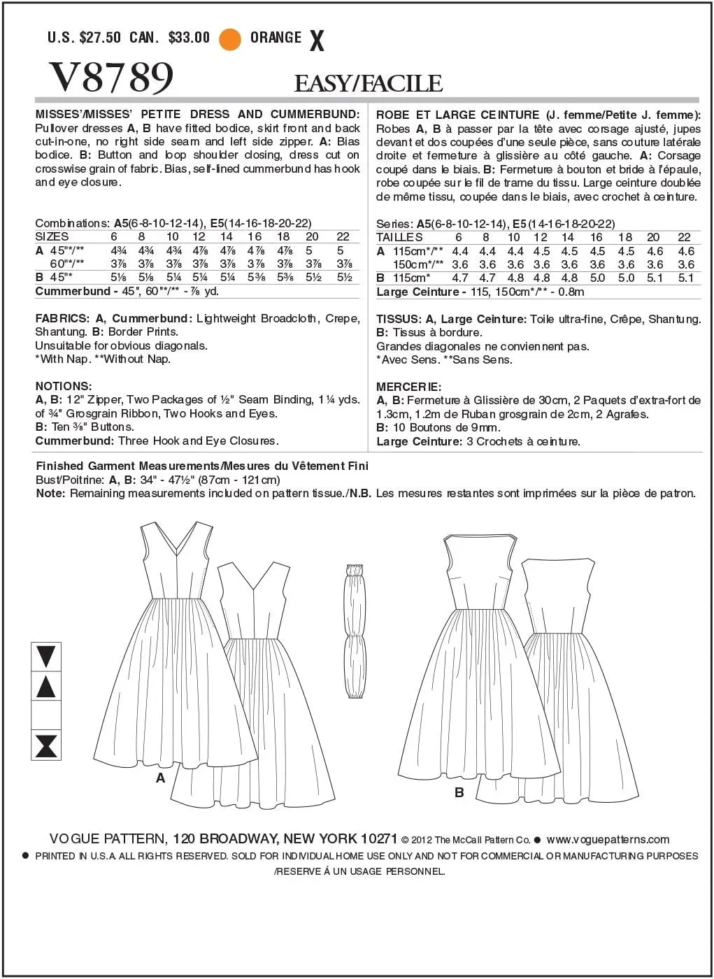 VOGUE PATTERNS V8789 Misses/Misses Petite Dress and Cummerbund, Size E5 (14-16-18-20-22)