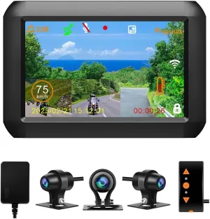 VSYSTO WiFi Motorcycle Dash Cam, 4'' Screen Motorbike Rear View Camera with TPMS, HD 1080P Front and 720P Left and Right Camera, GPS Temperature Display Parking Monitoring Assisted Driving Mode (F3M)