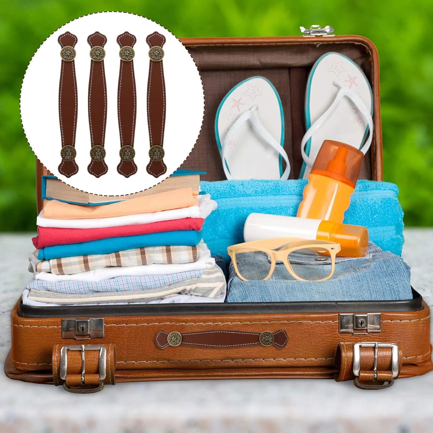 Wakauto Dresser Knobs 4pcs Leather Handle Vintage Suitcase Leather Suitcase Closet Door knobs Furniture Handle Strap Bags