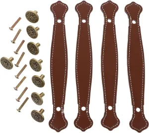 Wakauto Dresser Knobs 4pcs Leather Handle Vintage Suitcase Leather Suitcase Closet Door knobs Furniture Handle Strap Bags