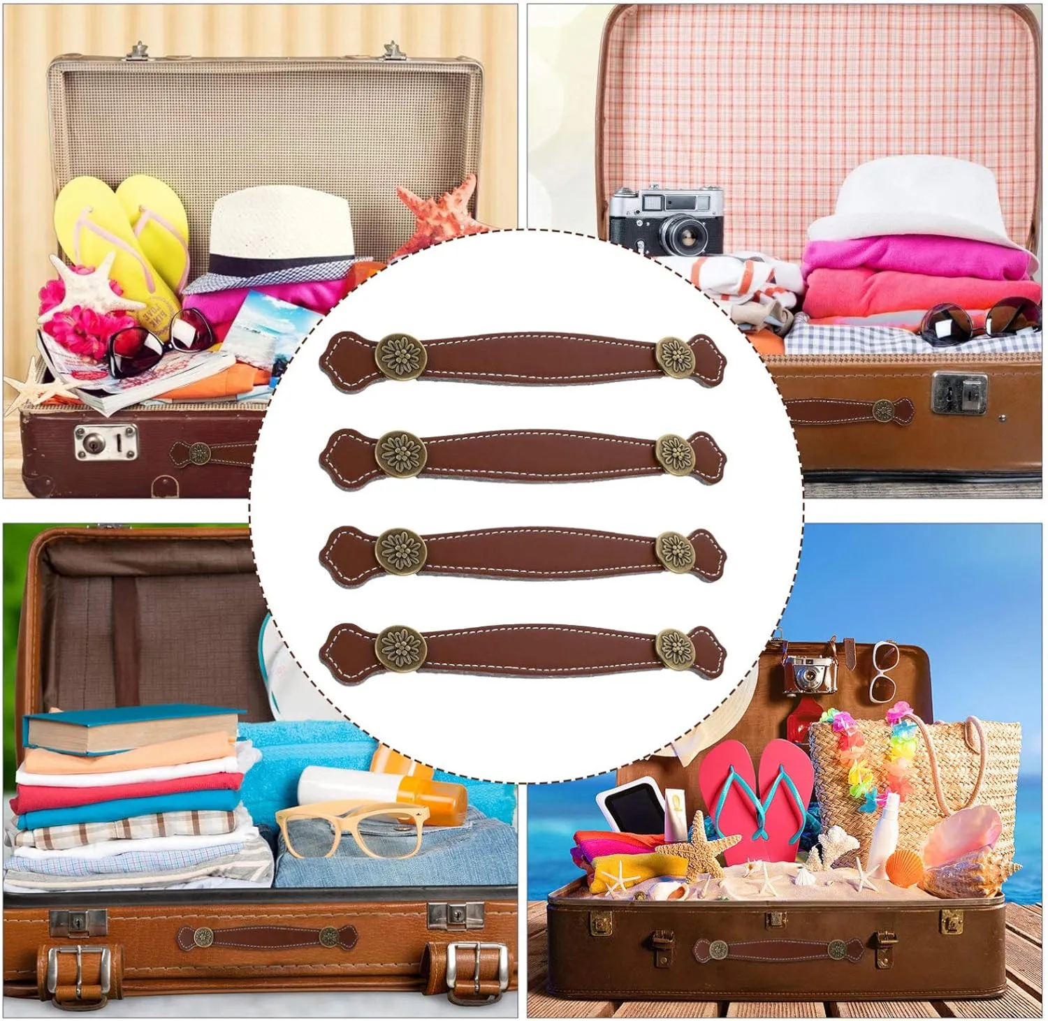 Wakauto Dresser Knobs 4pcs Leather Handle Vintage Suitcase Leather Suitcase Closet Door knobs Furniture Handle Strap Bags