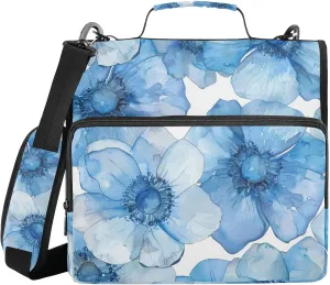 Watercolor Pastel Flower Blue Zipper Binder with Shoulder Strap Trapper Keeper 3 Ring Binder Organizer Large Capacity Multiple Compartments for School Office
