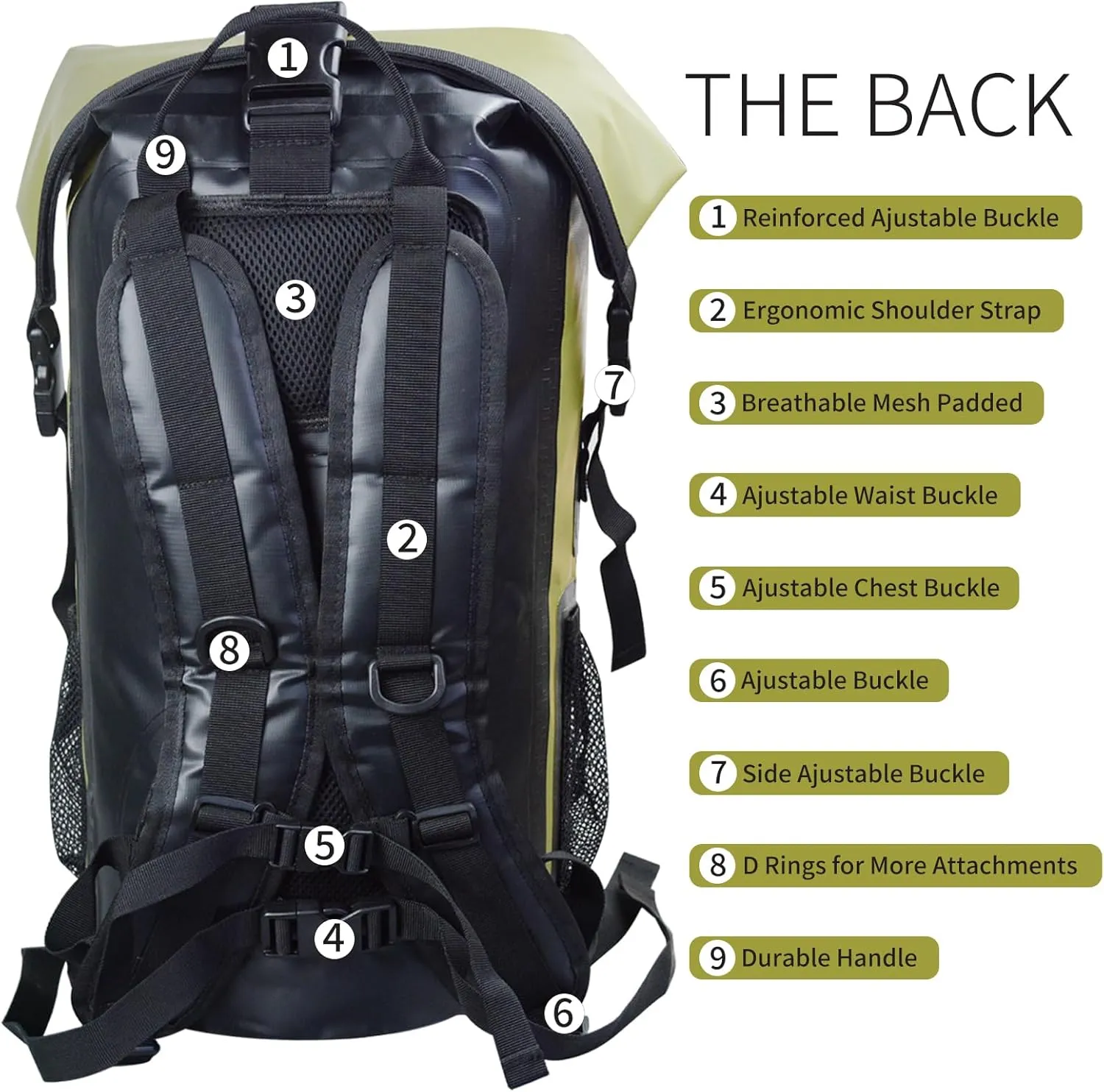 Waterproof Dry Bag Backpack IPX6, Roll-Top Closure Bag Boating & Kayak Accessories - Essentials for Camping Swimming Beach Fishing Rafting Travel, Green