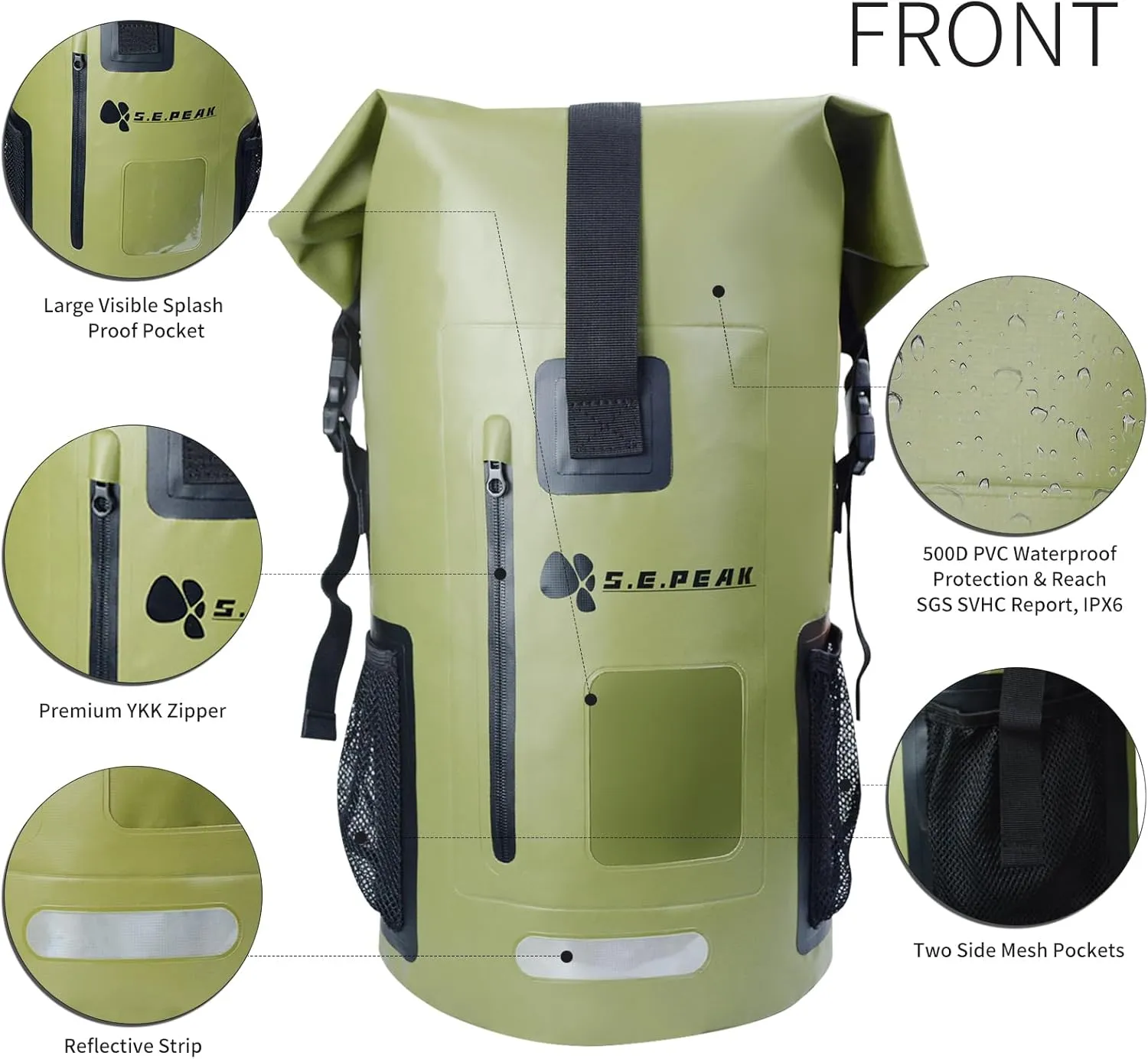 Waterproof Dry Bag Backpack IPX6, Roll-Top Closure Bag Boating & Kayak Accessories - Essentials for Camping Swimming Beach Fishing Rafting Travel, Green
