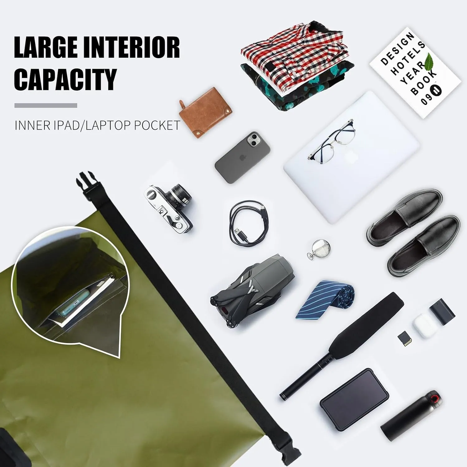 Waterproof Dry Bag Backpack IPX6, Roll-Top Closure Bag Boating & Kayak Accessories - Essentials for Camping Swimming Beach Fishing Rafting Travel, Green