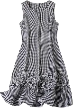 WDIRARA Women's Plus Size Plaid Ruffle Knee Length Dress 3D Floral A Line Tank Dresses