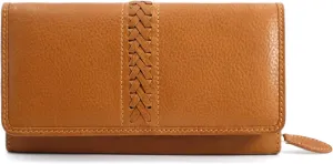 Weaving Design Clutch Wallet for Women and Ladies | Large Cpacity RFID Blocking Continental Tan Purse Nappa Flat Genuine Leather Multiple Card Bills, Mobile Holder with Zippered, 18.5 x 10 x 3.2 CM