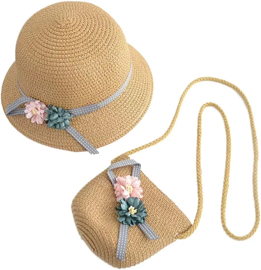 WeeH Girls Summer Hat Bag Set Wide Brim Hat Sun Beach Hats with Shoulder Bag