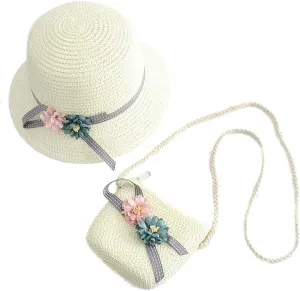 WeeH Girls Summer Hat Bag Set Wide Brim Hat Sun Beach Hats with Shoulder Bag