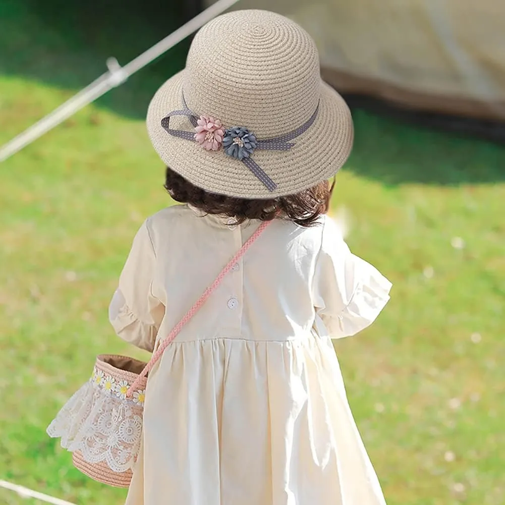 WeeH Girls Summer Hat Bag Set Wide Brim Hat Sun Beach Hats with Shoulder Bag