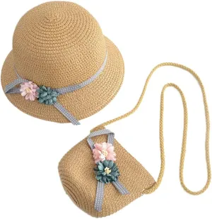 WeeH Girls Summer Hat Bag Set Wide Brim Hat Sun Beach Hats with Shoulder Bag