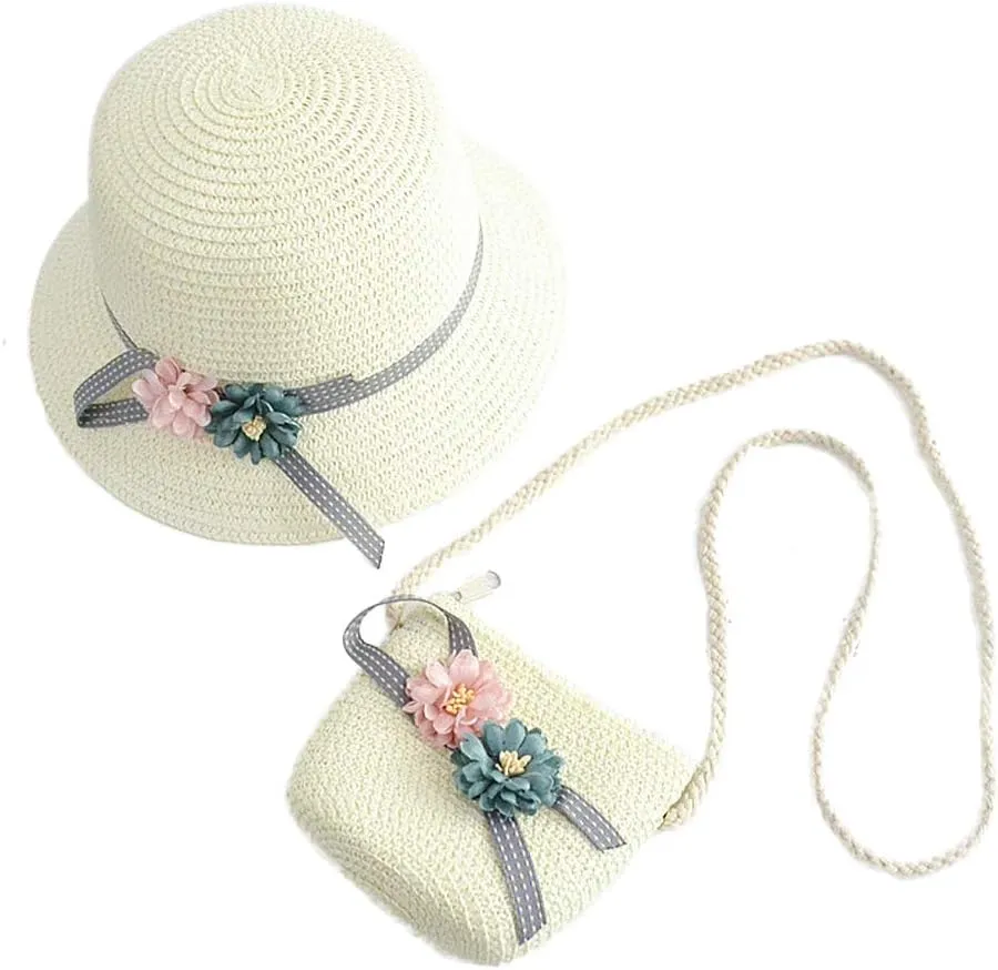 WeeH Girls Summer Hat Bag Set Wide Brim Hat Sun Beach Hats with Shoulder Bag