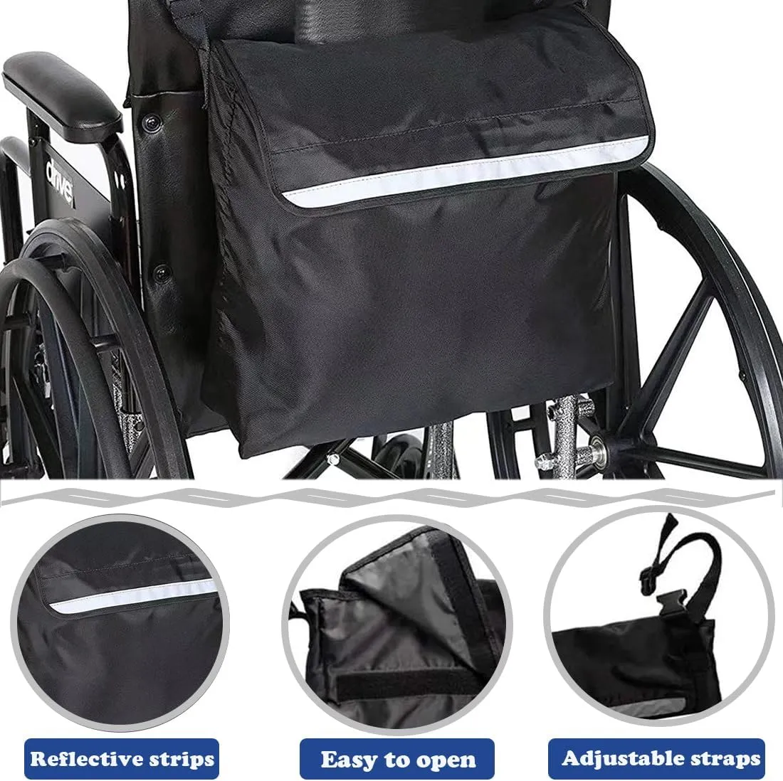 Wheelchair Bag,Wheelchair Backpack Bag,Waterproof,Machine Washable,Wheel Chair Storage Tote Accessory-Large Capacity with Reflective Stripe for Walker Rollator Wheelchair Transport Chair