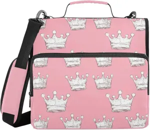 White Crown Pink Doodle Zipper Binder with Shoulder Strap Trapper Keeper 3 Ring Binder Organizer Large Capacity Multiple Compartments for School Office