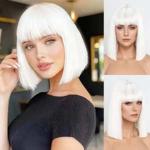 White Wig With Bangs Short Bob Straight Wigs for Women Shoulder Length White Natural Looking Synthetic Heat Resistant Fiber Wigs for Halloween Costumes Cosplay Daily Use(12 Inch)