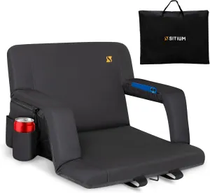 Wide Stadium Seat - 21" Reclining Bleacher Seat – Foldable Backpack with Armrests, 2 Pockets, Carry Bag, Strap, Seat Hook for Bleachers