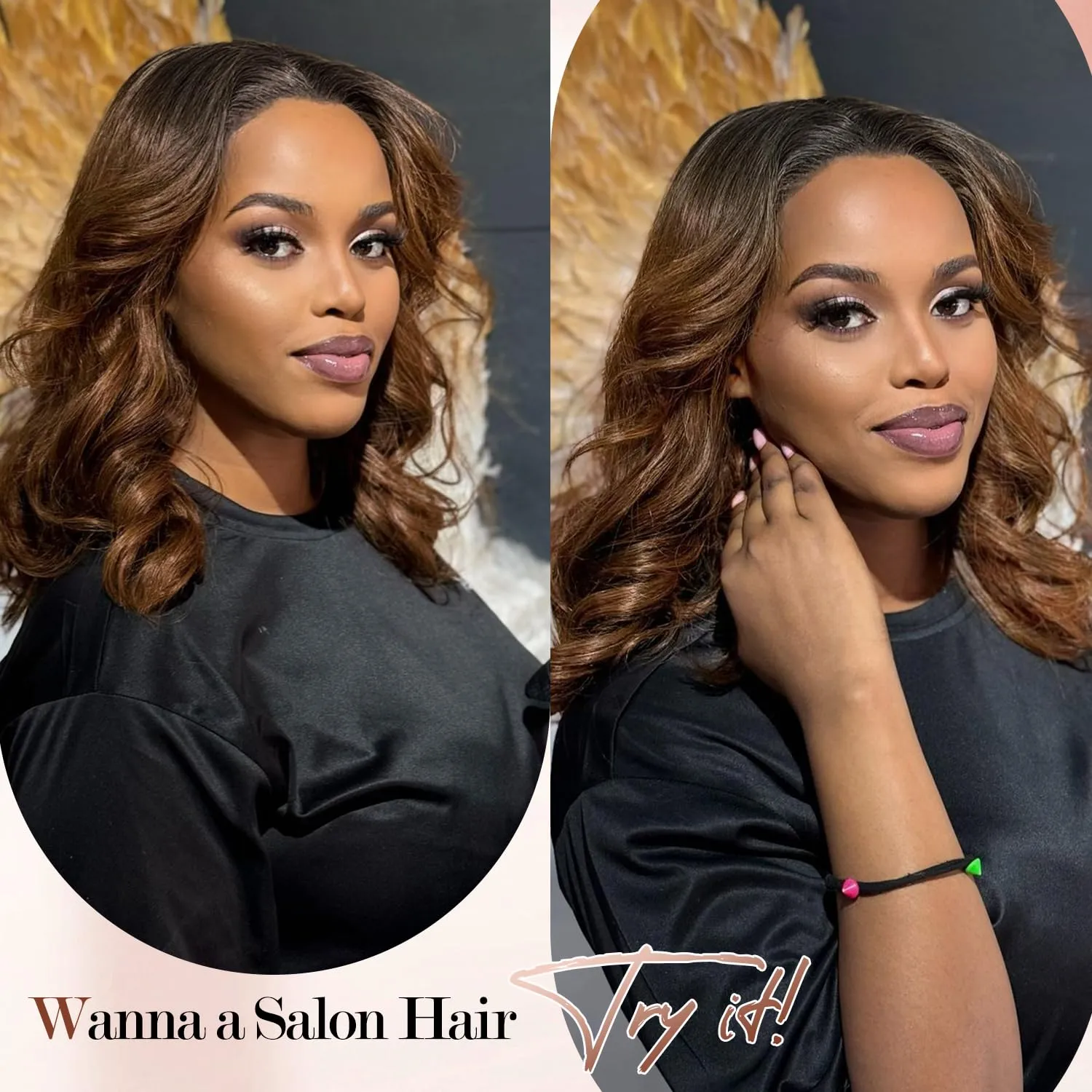 WIGER Short Big Curly Lace Front Wigs Loose Wave Wig Short Wavy Bob Wigs for Black Women Ombre Brown Middle Part Shoulder Length Wig Synthetic Wigs