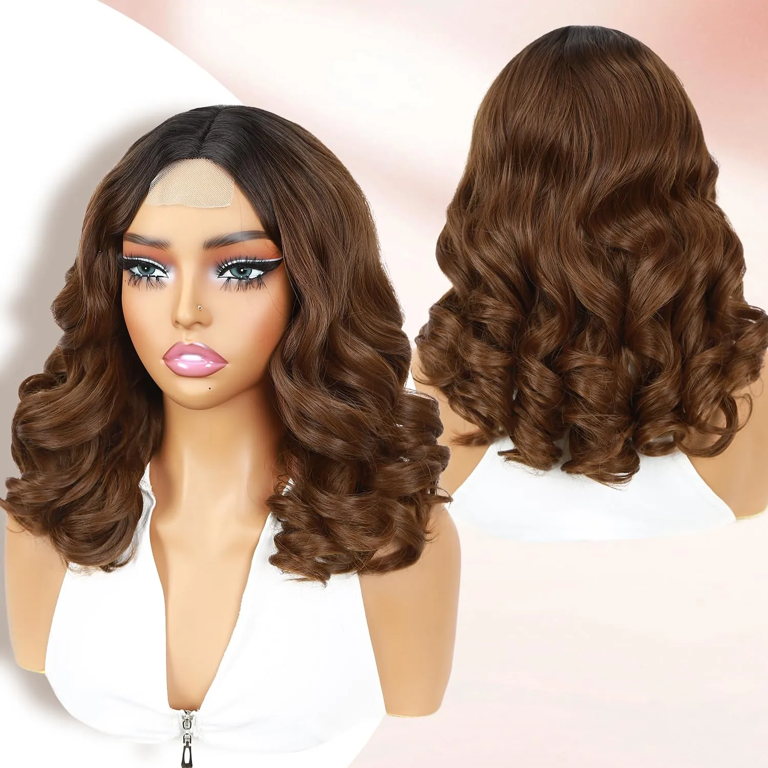 WIGER Short Big Curly Lace Front Wigs Loose Wave Wig Short Wavy Bob Wigs for Black Women Ombre Brown Middle Part Shoulder Length Wig Synthetic Wigs