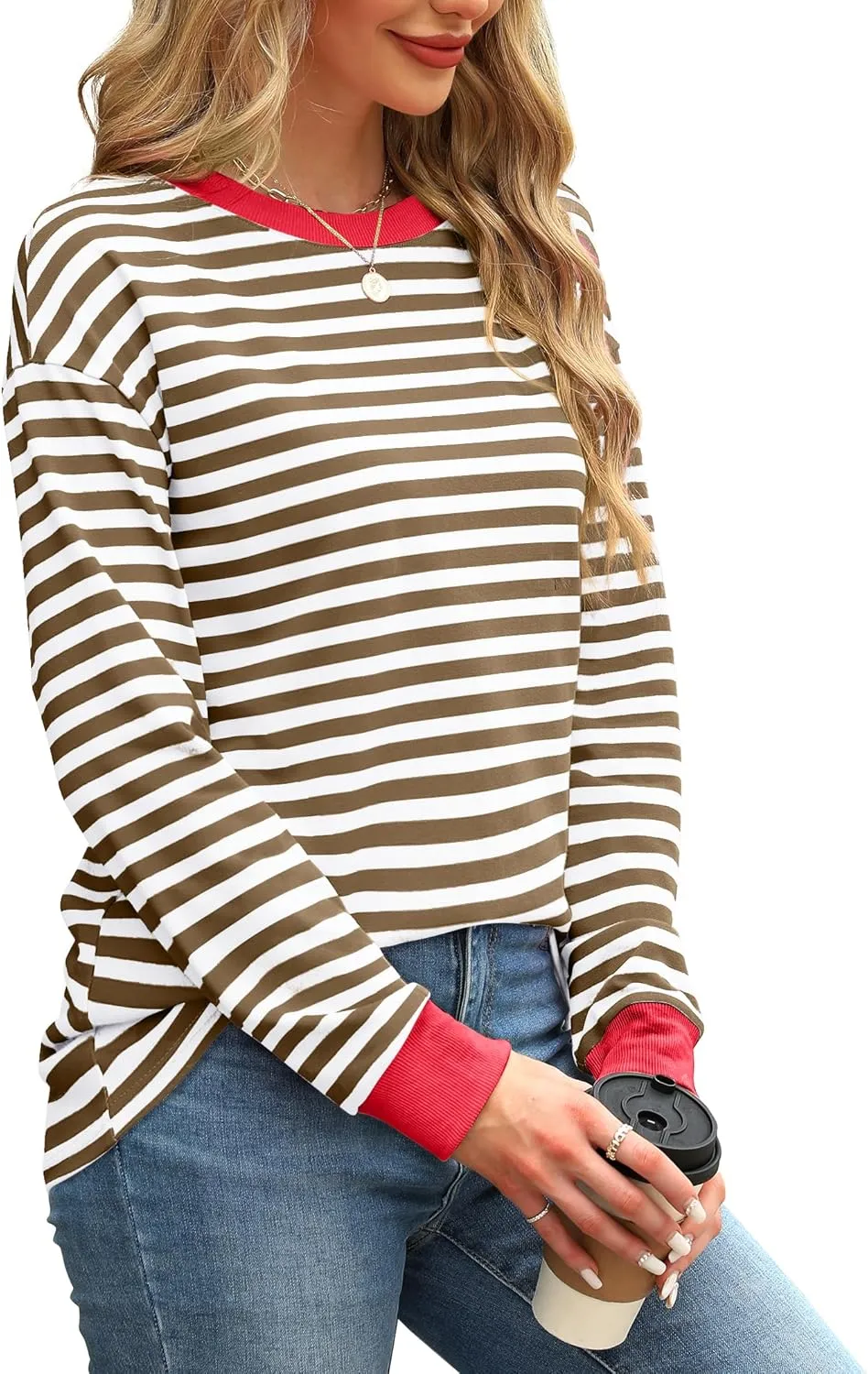 WIHOLL Womens Tunic Tops Long Sleeve Striped Shirts Crewneck Tops