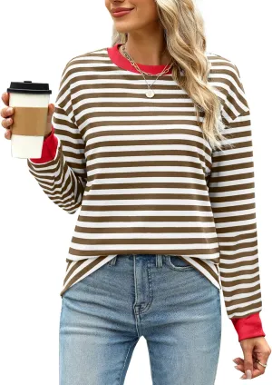 WIHOLL Womens Tunic Tops Long Sleeve Striped Shirts Crewneck Tops
