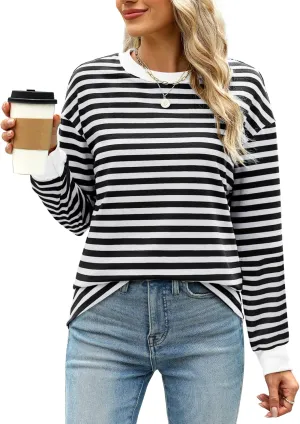 WIHOLL Womens Tunic Tops Long Sleeve Striped Shirts Crewneck Tops