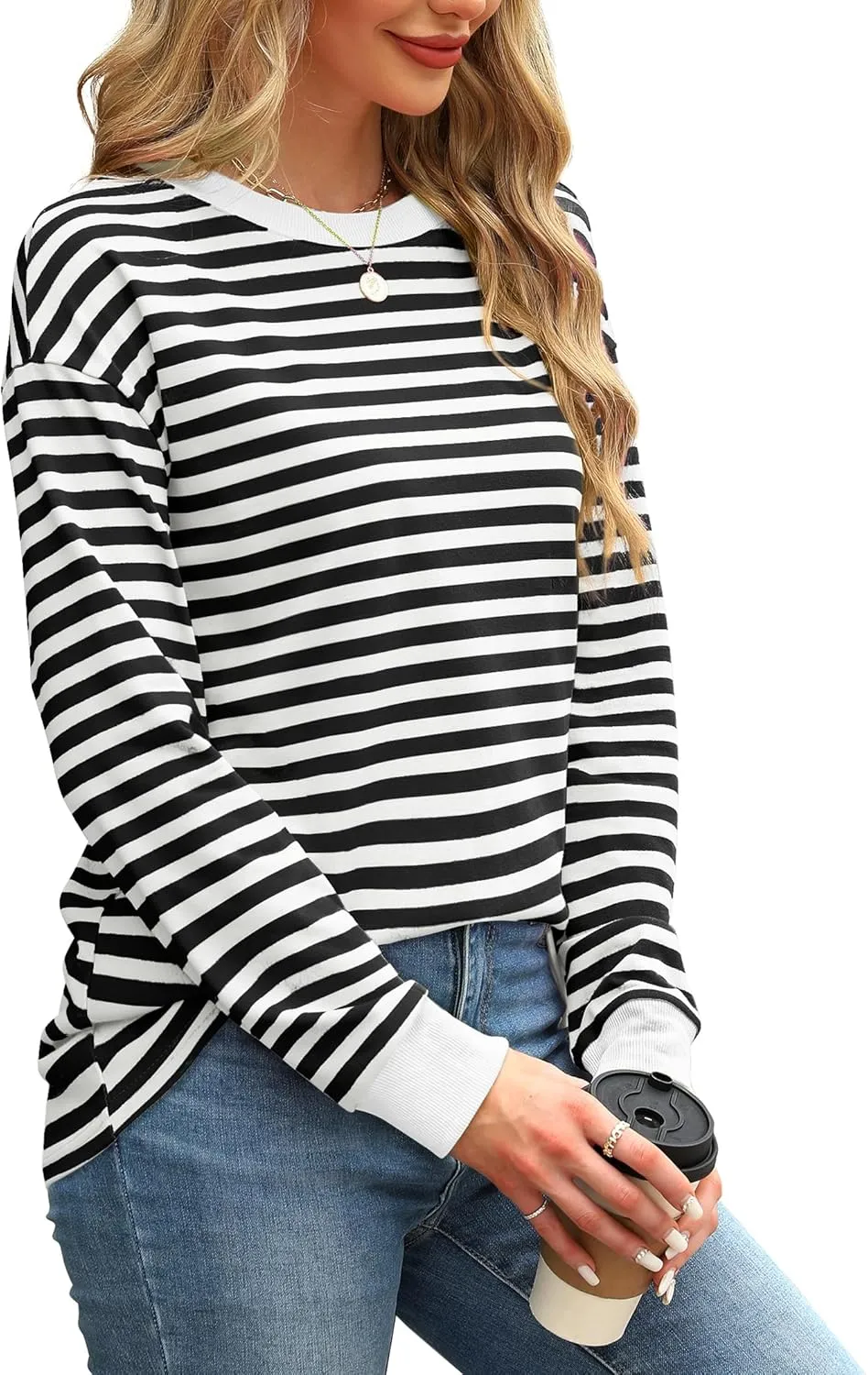 WIHOLL Womens Tunic Tops Long Sleeve Striped Shirts Crewneck Tops