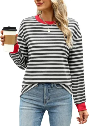WIHOLL Womens Tunic Tops Long Sleeve Striped Shirts Crewneck Tops